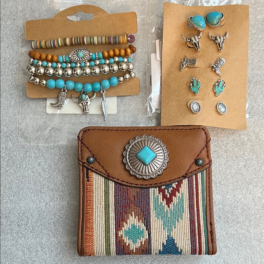 🎁Bohemian Turquoise and Brown Justin Wallet and Western Jewelry Set